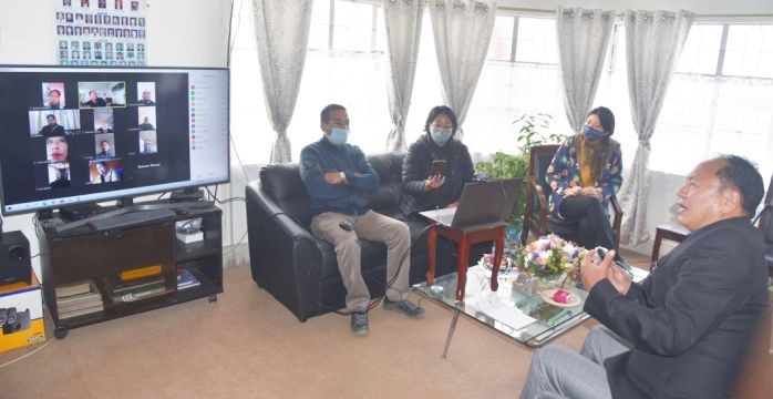 Director, IPR, Tokishe Sema, along with senior department officials attend a zoom session with DPROs regarding the ongoing COVID-19 vaccination drive at Director's chamber, DIPR, Kohima on January 20. As the Covid-19 vaccine has been roll out in all the districts, the IPR Director informed the DPROs to follow the guidelines of their respective spokespersons  of the districts in planning out the activities related to the vaccine in ensuring safety and to access timely and accurate information. He called upon them to put in more effort and oversee the smooth distribution of the vaccine in their respective districts. (DIPR Photo)